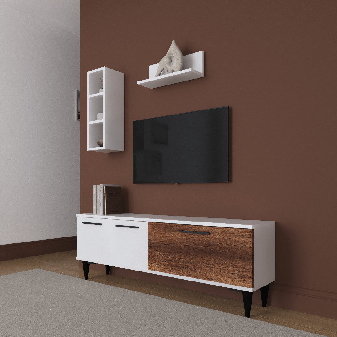 George Oliver 140 cm W TV Stand with 3 Cabinets for TVs up to 75", Manufactured Wood Wood White/Baroque 75"