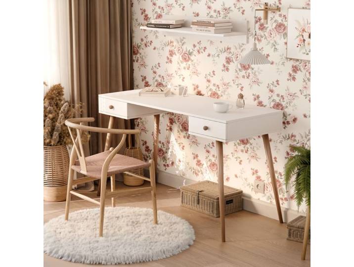 Bureau Droit VALERIO - avec 2 tiroirs - 135x55x79 cm - Coiffeuse - Blanc