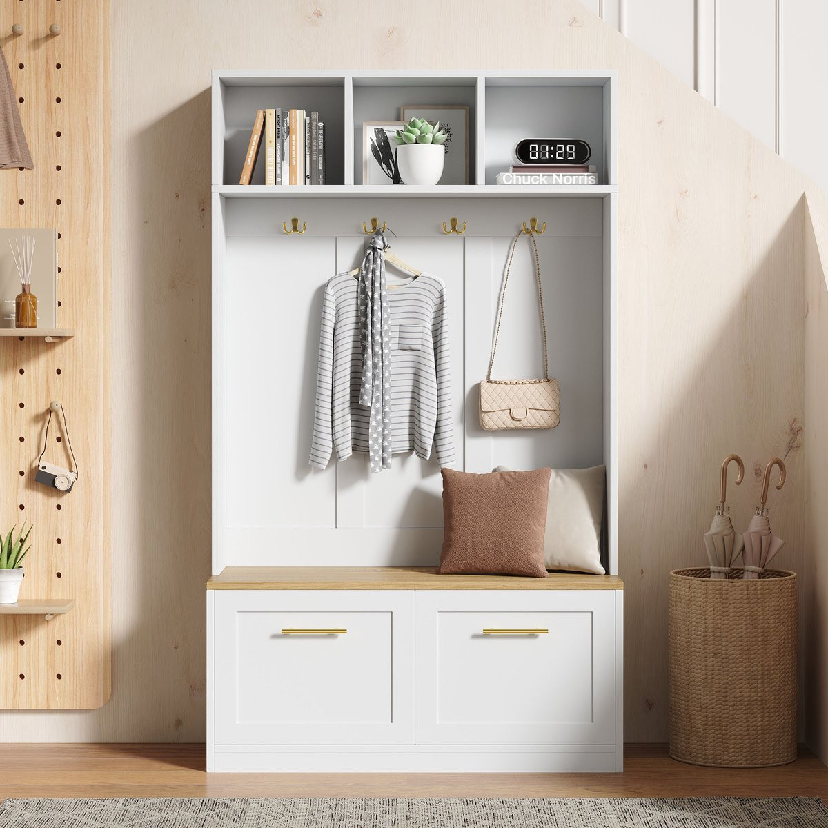 MODFU Garderobeset met zitbank en opbergruimte - Modern - Naturel en Wit - B/D/H: 105 x 40 x 180 cm