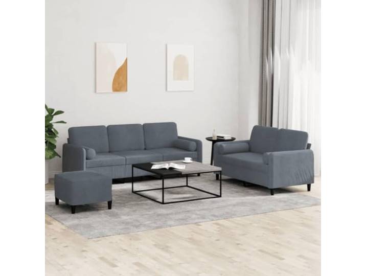 HEFZGDB 3-TLG. Sofagarnitur mit Kissen Dunkelgrau Samt – Weiches Velours Sofa Set mit robustem Metallgestell, bequemer Sitzkomfort und praktischem Hocker für Wohnzimmer, Leseecke