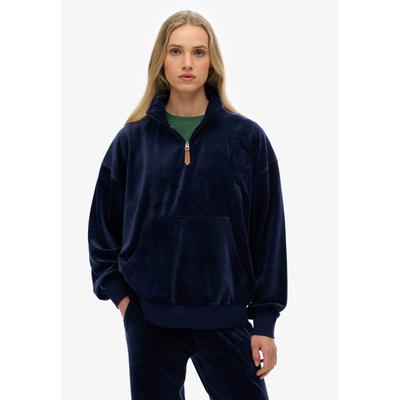 Sweatshirt SUPERDRY "COUNTRY CLUB VELOUR 1/4 ZIP", Damen, Gr. M, blau (blauberry navy), Nicki;Sweatware, Obermaterial: 95% Polyester, 5% Elasthan, unifarben, relaxed fit hüftbedeckend, Rundhals, Rippbündchen, Sweatshirts Sweatshirt, Nicki-Qualität,...