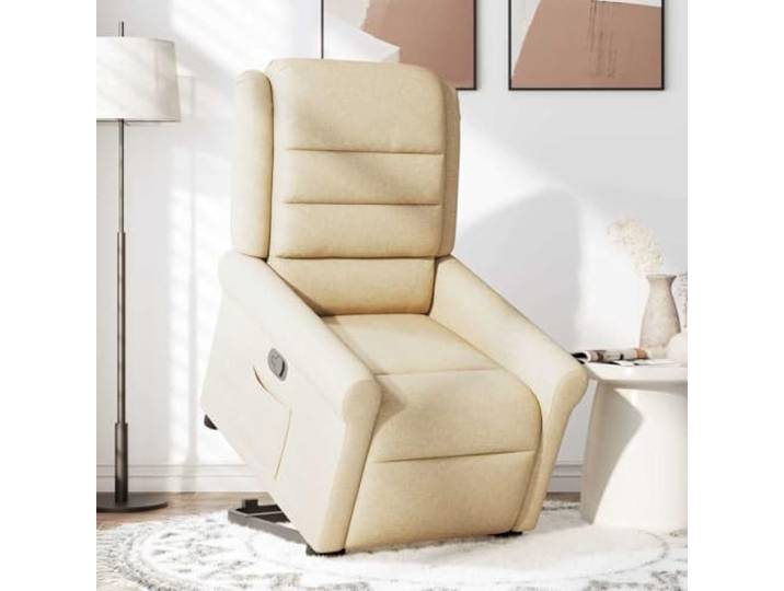 Relaxsessel mit Aufstehhilfe Creme Stoff Elektromotor,Aufstehhilfe per Knopfdruck,manuelle Liegefunktion,Seitentasche,Holz-und-Metall-Rahmen