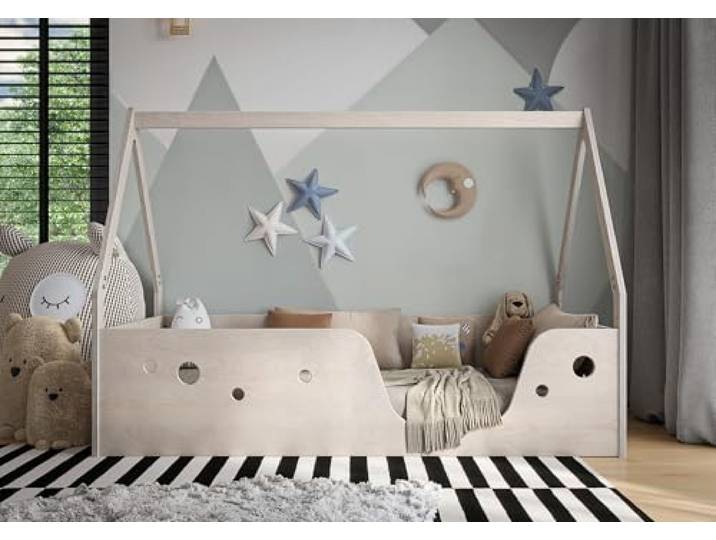 OSONO Nido GEO P Hausbett Kinder 120x200 cm aus Naturholz Montessori Bodenbett mit Lattenrost & Rausfallschutz Modernes Bett für Kinderzimmer