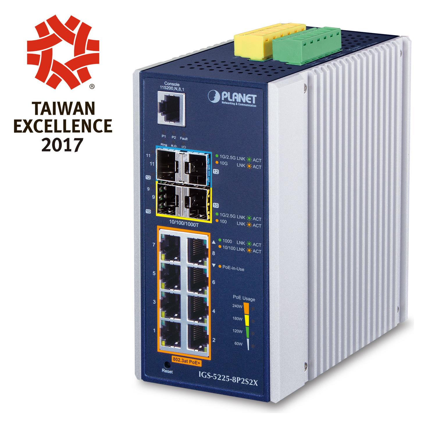 Planet Industrial L2+ 8-Port 10/100/1000T 802.3at PoE + (8 Ports) (IGS-5225-8P2S2X)