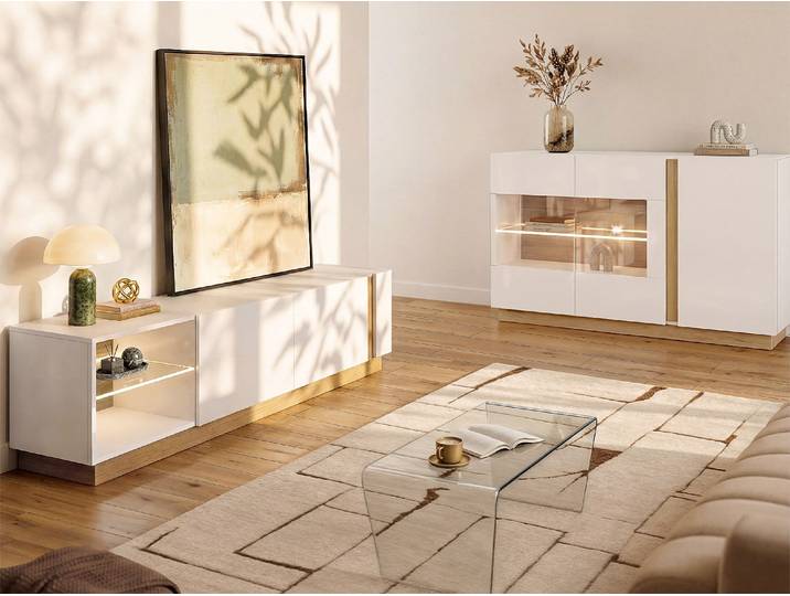 Set Sideboard & TV-Möbel - Weiß glänzend & Holzfarben - Lichtdurchflutetes Wohnzimmer - MURARI