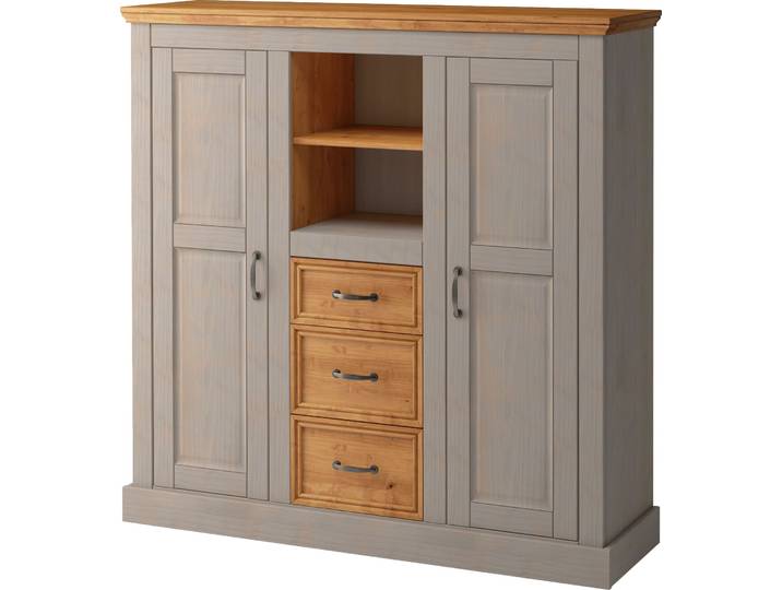 Highboard OTTO HOME Selma Kommode mit 2 Türen, 3 Schubläden und 8 Fächer, Metallgriffe , grau (grau, gebeizt), B:130cm H:130cm T:38cm, Sideboards, Highboard, massives Kiefernholz, natürliche Maserung & Metallgriffe, 130cm breit