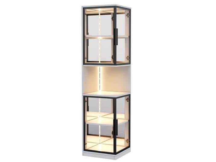 Vitrine led de 42x44x205 cm avec portes vitrées et miroir, blanche