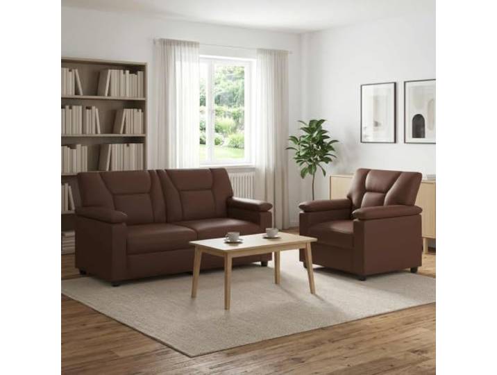 Sofa-Set 2 pcs Braun Kunstleder Metallrahmen,Faserfüllung,Sperrholz-Armlehnen,Reißverschluss,leicht zu reinigen