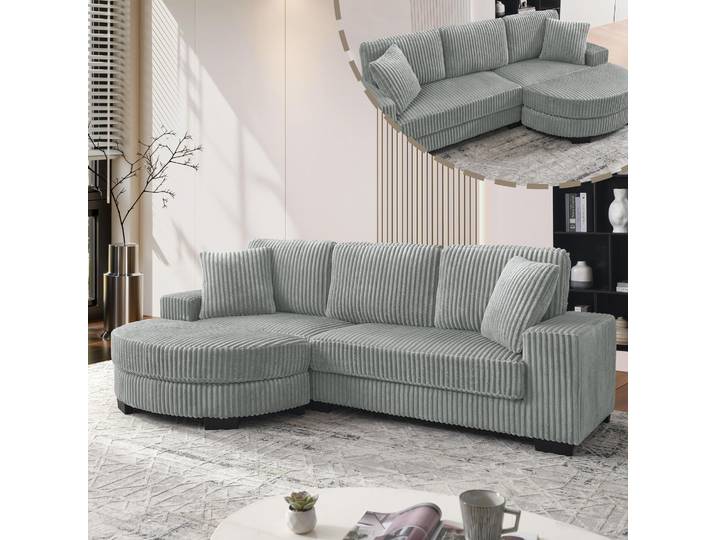 okwish L-förmiges Ecksofa mit Ovalem Hocker und Kissen, Wohnzimmersofa, Modulares Design, Schlafsofa,Corduroy,Grau