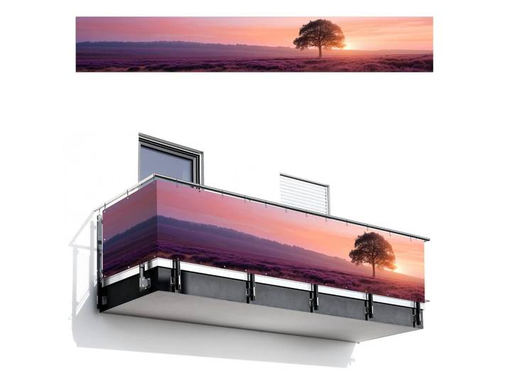 MuchoWow Balkon-Sichtschutz Baum - Heidekraut - Sonnenaufgang, Flieder, Kunststoff, Rechteckig, 500x80 cm, Sonnenschutz, Sichtschutz