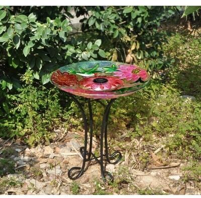 Hi-Line Gift Ltd. Solar Floral Glass Hummingbird Bath With Stand