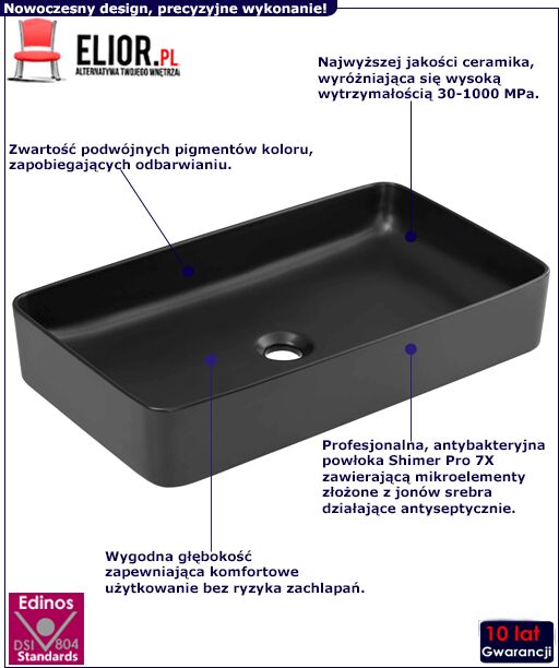 Edinos Czarna prostokątna ceramiczna umywalka nablatowa L2-F79