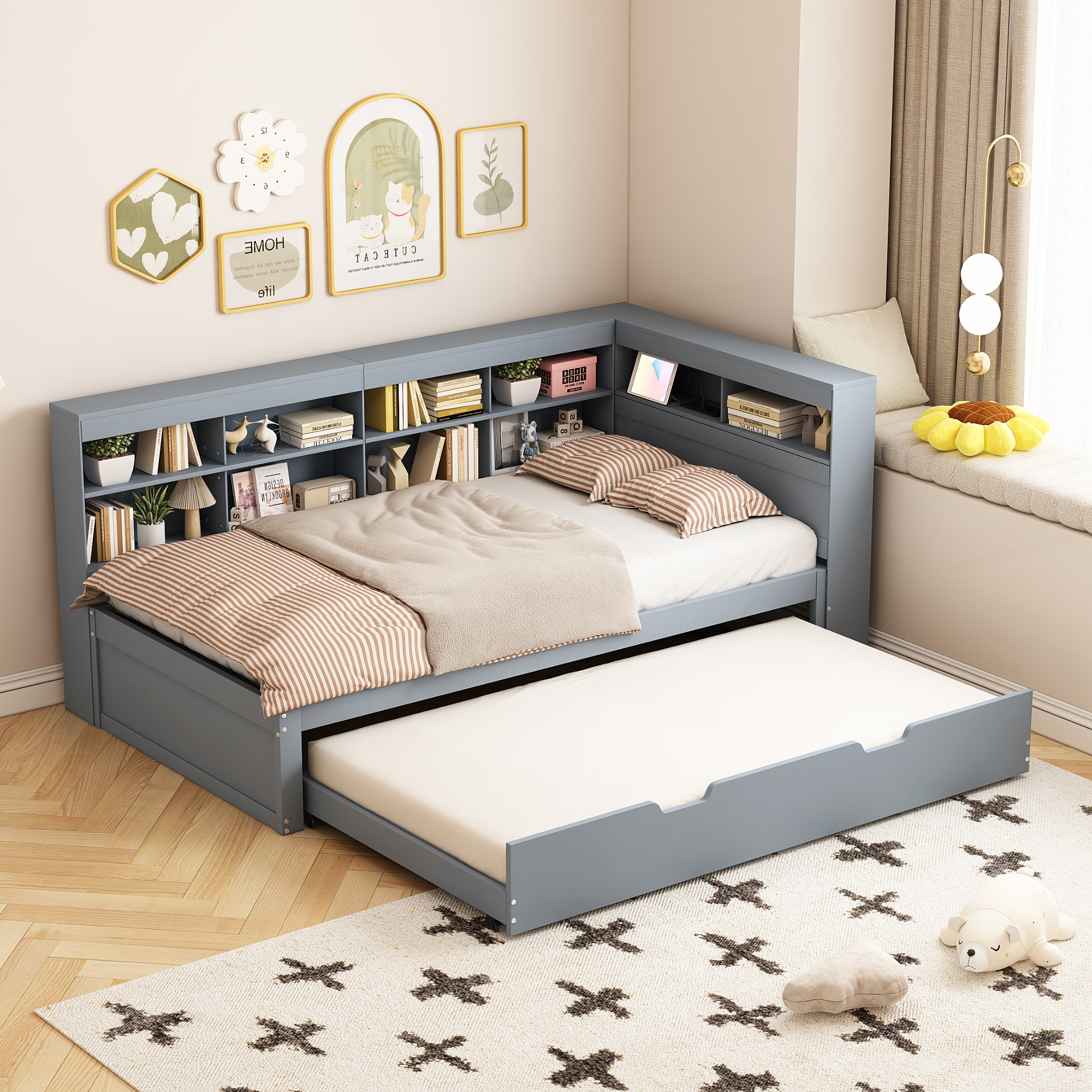Sweiko Schlafsofa 90x200, Ausziehbares Bett 90x190 mit USB-Steckdose und mehreren Ablagefächern, Massivholzbett, Einzelbett, Holz-Multifunktionsbett, Grau.