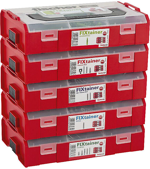 fischer FixTainer, leer, mit Tragegriff und transparentem Deckel, stapelbar