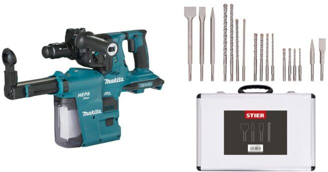 Set Makita Akku-Bohrhammer für SDS-PLUS 2x18 V mit Bluetooth & Staubabsaugung DX09 + Stier SDS-Plus Bohrer & Meißelsatz, 17-teilig