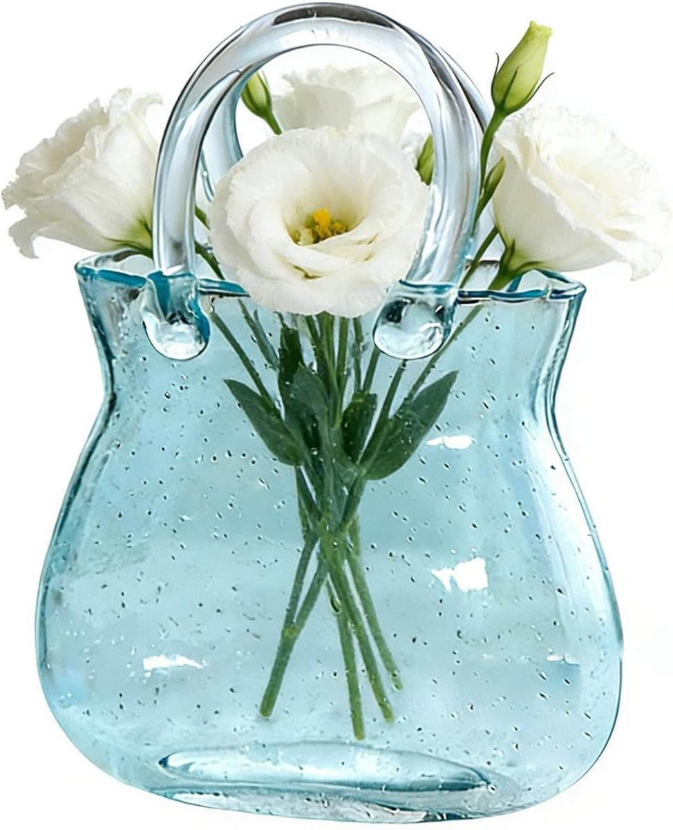 Blauwe Glazen Handtas Vaas voor Decoratie - Hoogte: 27 cm