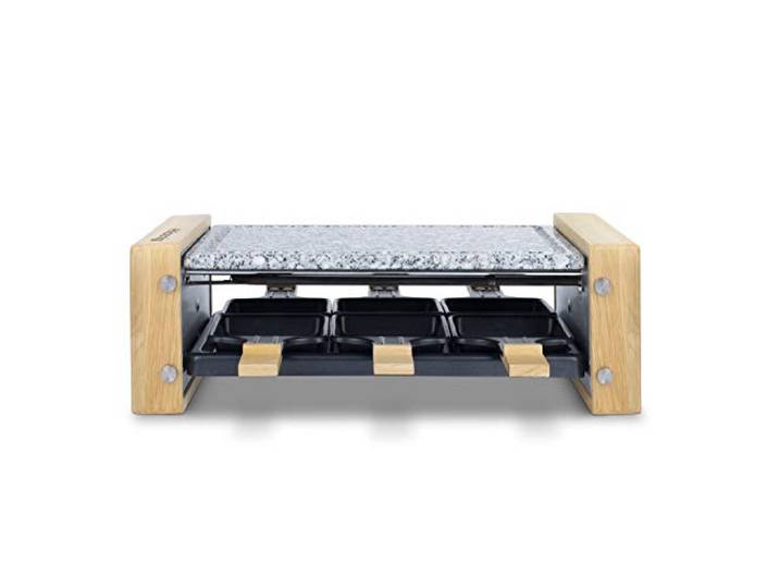 H.Koenig Multifunktionales Raclettegerät für 6 Personen WOD6, Professionell, Käse-Raclette, Fondue, Stein aus Granit und Naturholz, Abnehmbare Platte, 6 Pfännchen ; 6 Holzspatel, 900W