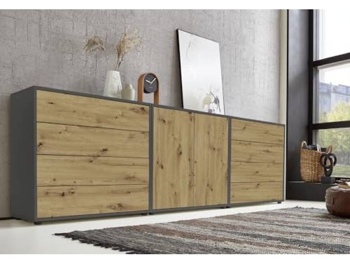 BMG Möbel Sideboard Mailand Set 4 (Schubladenkommode Kommode Anrichte, in anthrazit/Artisan Eiche), Push-to-Open-Funktion