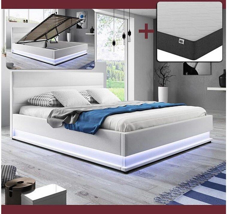 MB Muebles Bonitos Cama de matrimonio con Canapé y Colchón 150x190cm en Blanco con LED Nitas