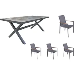 Garden Pleasure Gartenmöbel Set RANA / SILEA 01, Tisch 202 x 100 cm + 4 Stapelsessel, Aluminium / Keramik / Kunststoffgewebe