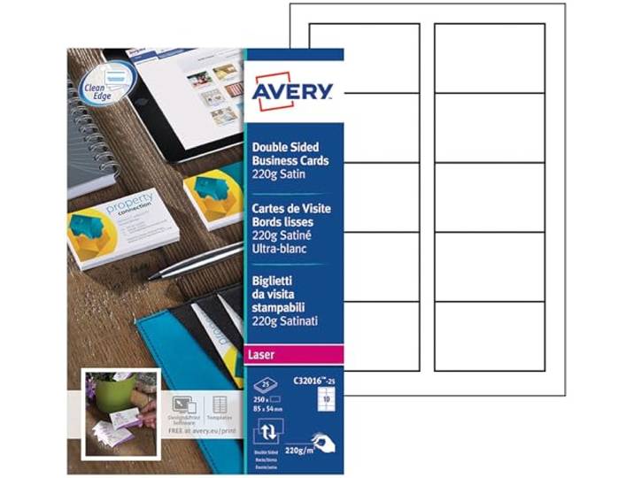 Avery C32016-25 250 cartes de visite imprimables recto/verso laser\, Bords 250 cartes de visite\, bords lisses\, 220 g/m²\, format 85 × 54 mm\, impression laser