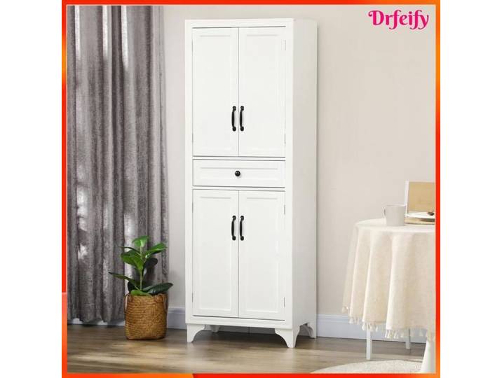 Buffet haut armoire de cuisine - AKOZON - 8379 - 4 portes - 1 tiroir central - Blanc