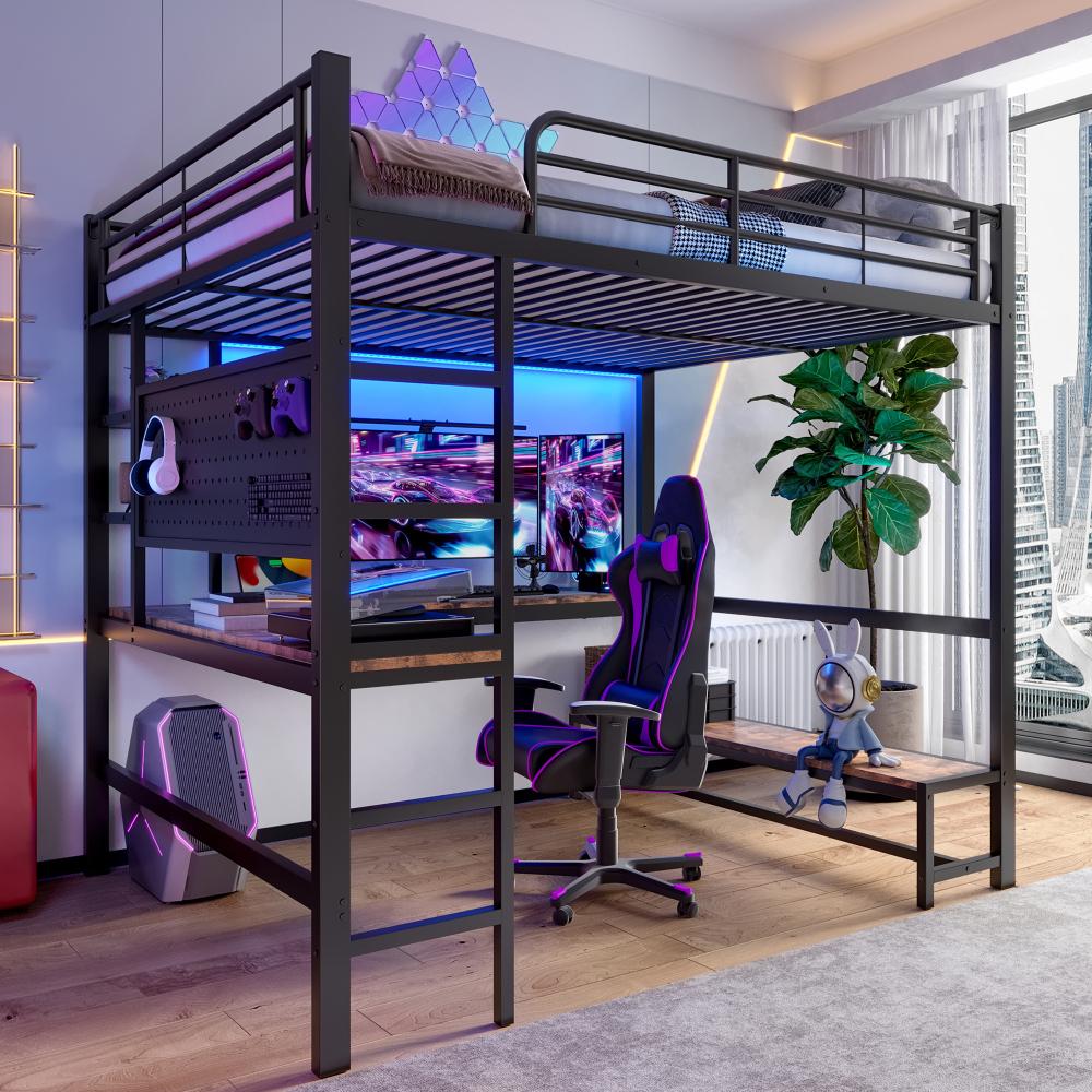 Hochbett mit Schreibtisch, Lochbrett, USB/Type-C, LED-Leiste, Geländer & Trittleiter, Metall, Schwarz, 140x200cm