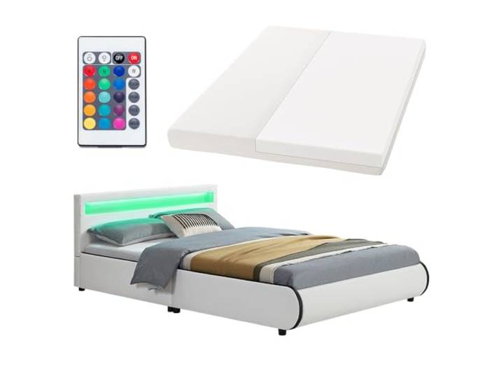Juskys Polsterbett Sevilla 140x200 cm mit Matratze, LED Beleuchtung, Lattenrost & Kopfteil - Holz & Kunstleder - 16 Farbeinstellungen & Fernbedienung - Bett Jugendbett Einzelbett - Weiß