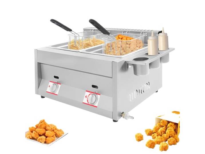 Doppel-Gasfritteuse mit 2 Körben, Propan-Fritteuse aus Edelstahl, Temperaturbereich 50-380 °C, Gas Fritteuse mit 3 Gewürzbecher für Haushalte, Restaurants, Imbissbuden, Partys usw