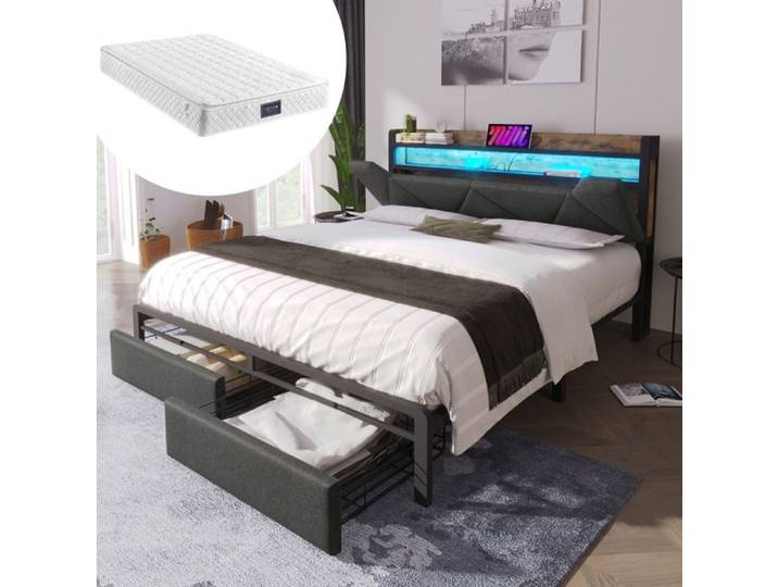 COVREO Lit double 160x200 cm avec matelas LED USB Type-C tête de lit avec rangement 2 tiroirs gris