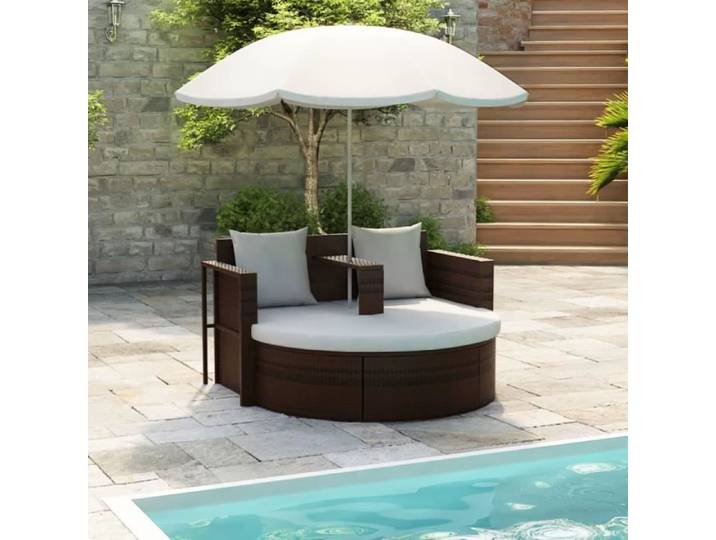 HOMMIE Lit de jardin - Transat de Relaxation - avec parasol Marron Résine tressée (55928)