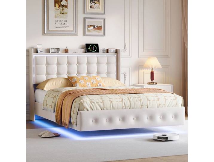 Lit double flottant - URBANLUXE - 160x200 cm - Velours blanc - LED intégrée - Sommier à lattes