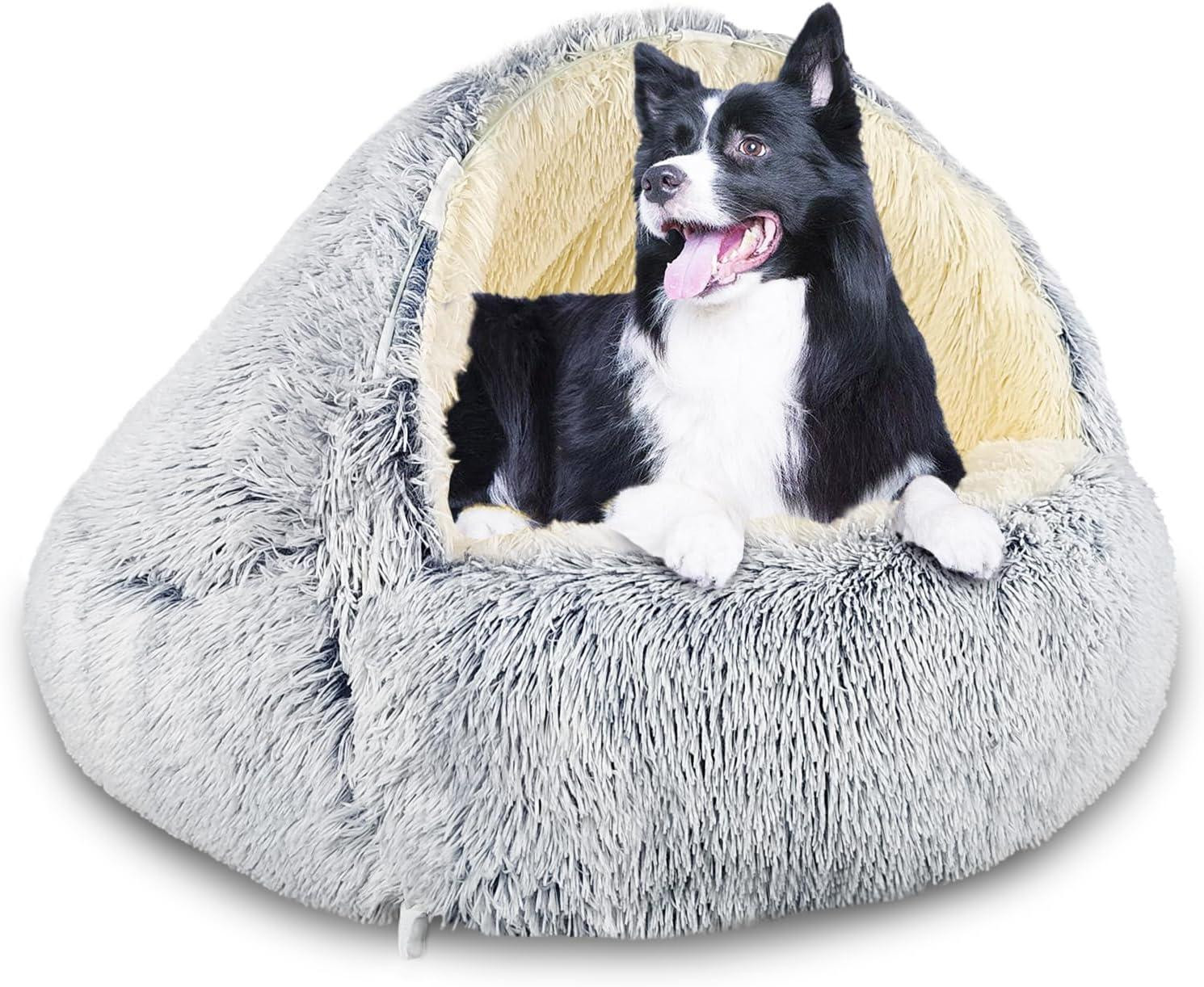 Merkloos Anti-angst hondenbed met capuchon voor kleine honden, voorzien van een afneembare overtrek en antislip onderkant