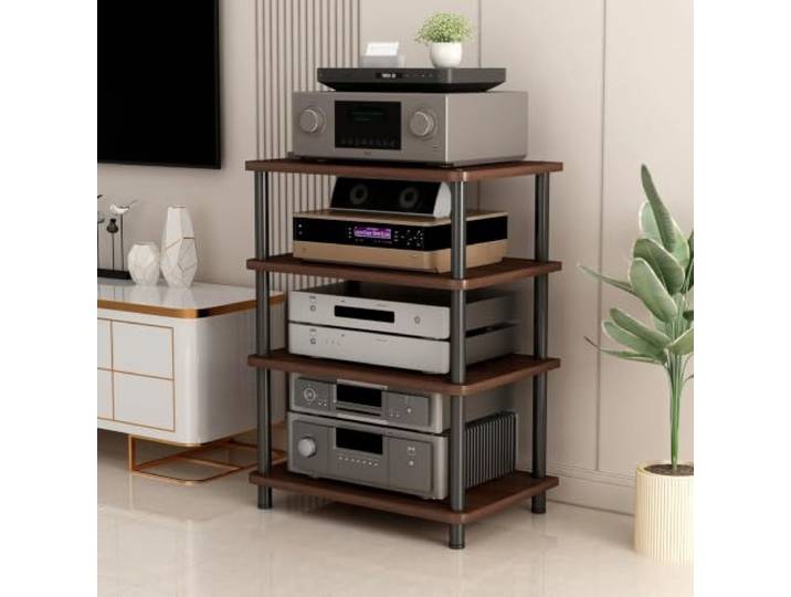LEUBDIBR Massivholz‑Audio‑Regal mit verstellbaren Ablagen für Hi‑Fi‑Geräte Robuster Massivholzkern, variable Ebenenhöhen, zwei edle Oberflächen(Walnut,23.6x15.7x32.3in)