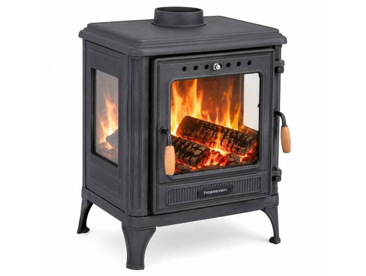 Hosseven Kaminofen Holzofen Wohnzimmer Holzkamin 8005Ck Panorama 3 Seiten Glas 7 kW Holz Ofen Kamin Heizofen Schwedenofen Mehrfachbelegung, Schwarz, Metall, 59.3x68.3x45.8 cm, Elektrogeräte, Heizgeräte, Elektrokamine