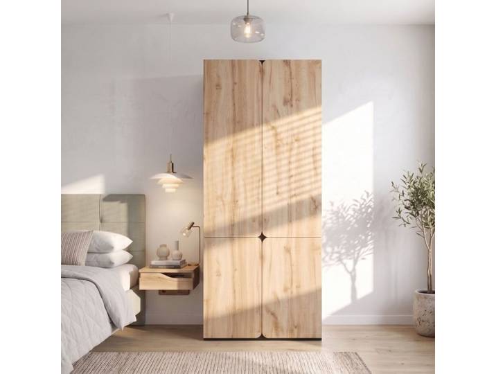 Armoire de Chambre - 90x50x200cm - 4 Portes Battantes 1 Penderie 3 Tiroirs Lingère Dressing Moderne - Chêne Naturel