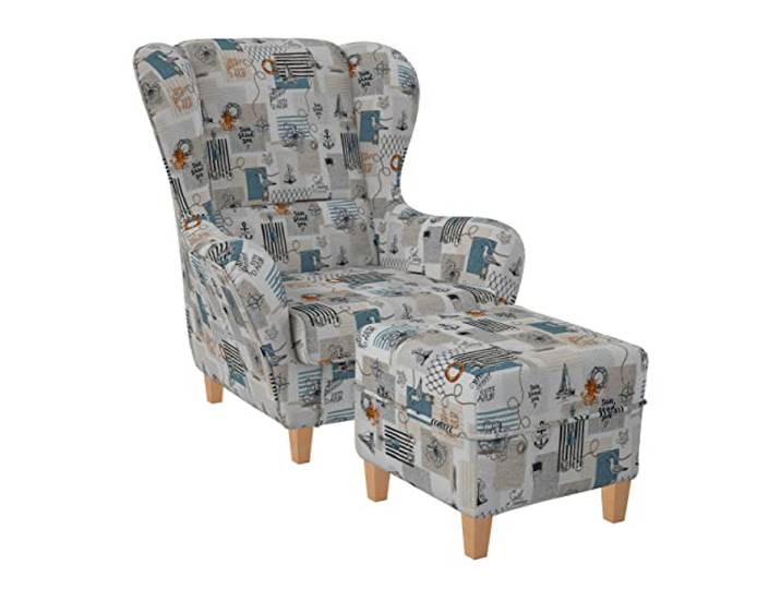 Supellex Ohrensessel »Sofia«, Design Patchwork Maritime cote d'azur (Design-Nr.: 5246), wahlweise mit Hocker (inkl. Hocker)