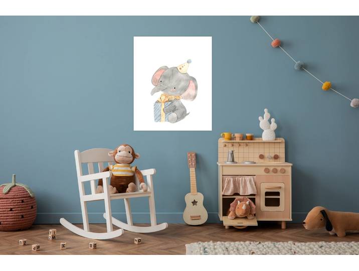 Bild mit Rahmen LÜTTENHÜTT oder Poster, Elefant mit Geschenk und Partyhut , bunt (farbe bild(er): bunt), B:50cm H:70cm T:0,2cm, Papier, Bilder, Bild mit Rahmen, HD Premium Druck