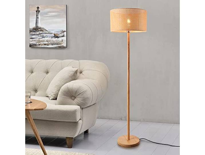 lux.pro Stehleuchte Rochdale Stehlampe E27 mit Fußschalter Standlampe für Wohnzimmer Schlafzimmer aus Holz und Rattan Stimmungslicht Gelbbraun/Holzfarben