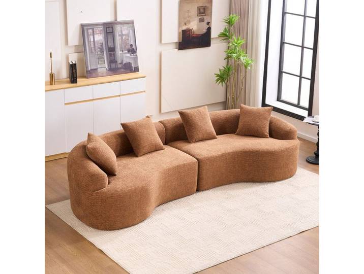 Canapé modulable 4 places forme arrondie - ELVMI - livré monté revêtement en chenille caramel