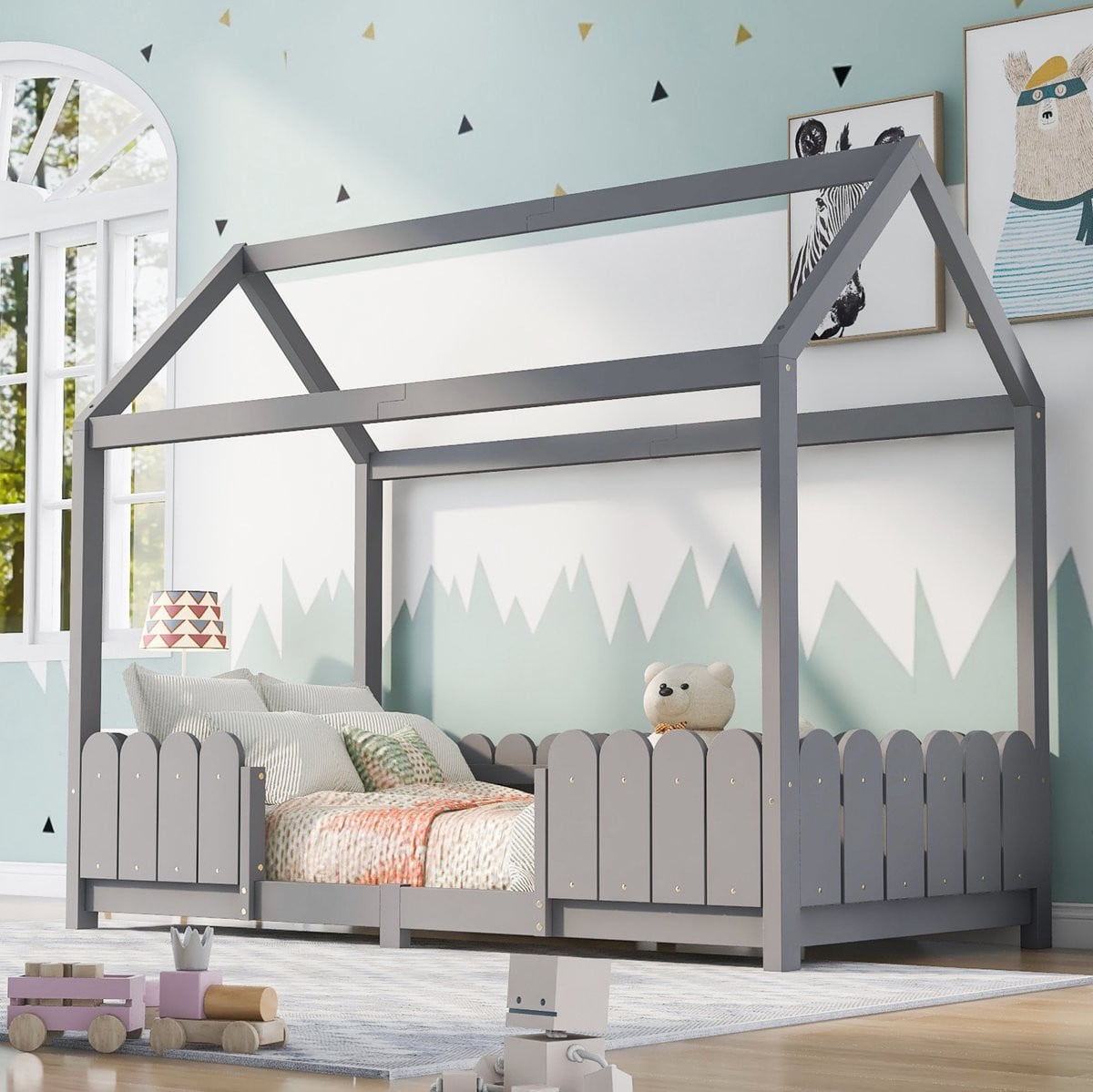 MIVRAY Kinderbed Huisbed met Uitvalbeveiliging en Lattenbodem - Grijs - 90 x 200 cm