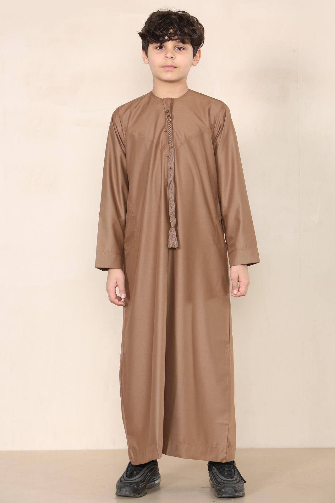 Bruine Thobe voor jongens, Emirati Jubba, islamitische kleding, kaftan, Eid-kwastjes