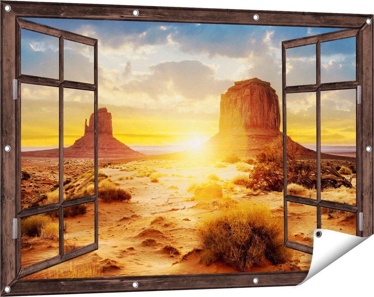 Gards Tuinposter Doorkijk Zonsondergang in Woestijn Monument Valley - B: 120 cm, H: 80 cm