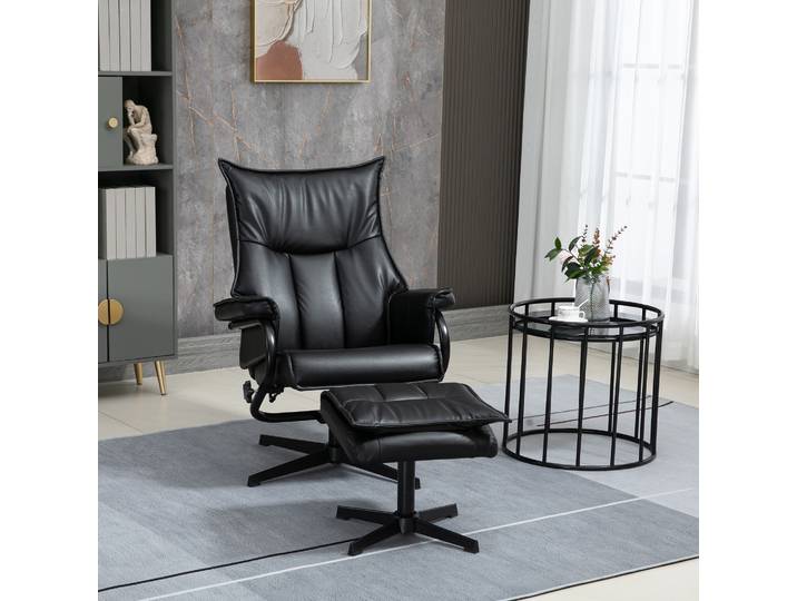 HOMCOM Fauteuil de Relaxation avec Repose-Pieds, Pivotant, Inclinable, Cadre en Acier, noir