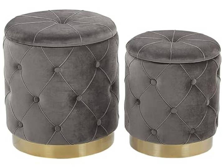 Beliani Pouf mit Stauraum Grau Samtstoff Rund Runder im Samt (2er Pack) Stoff, Schaumstoff-Füllung, Glamourös, Benötigt keine Montage, Belastbarkeit 100 kg, 33 x 33 x 36 cm, 100% Polyester