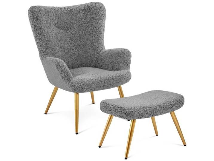 Fauteuil Scandinave à Oreilles avec Tabouret en Tissu Bouclette Fauteuil de Salon et Télévision 67 5 × 70 × 97 5 cm Gris YAHEETECH