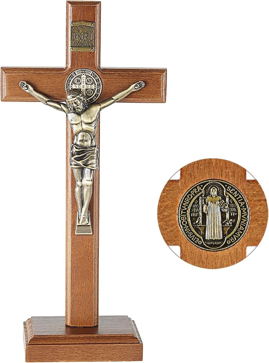 Houten Kruisbeeld Christus Decoratie met Standaard, Hoogte: 27 cm