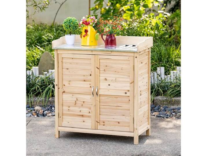 Armoire De Jardin En Bois Naturel Table De Rempotage FloraGrace Pour Jardin Avec Plateau De Travail 83x40x92cm