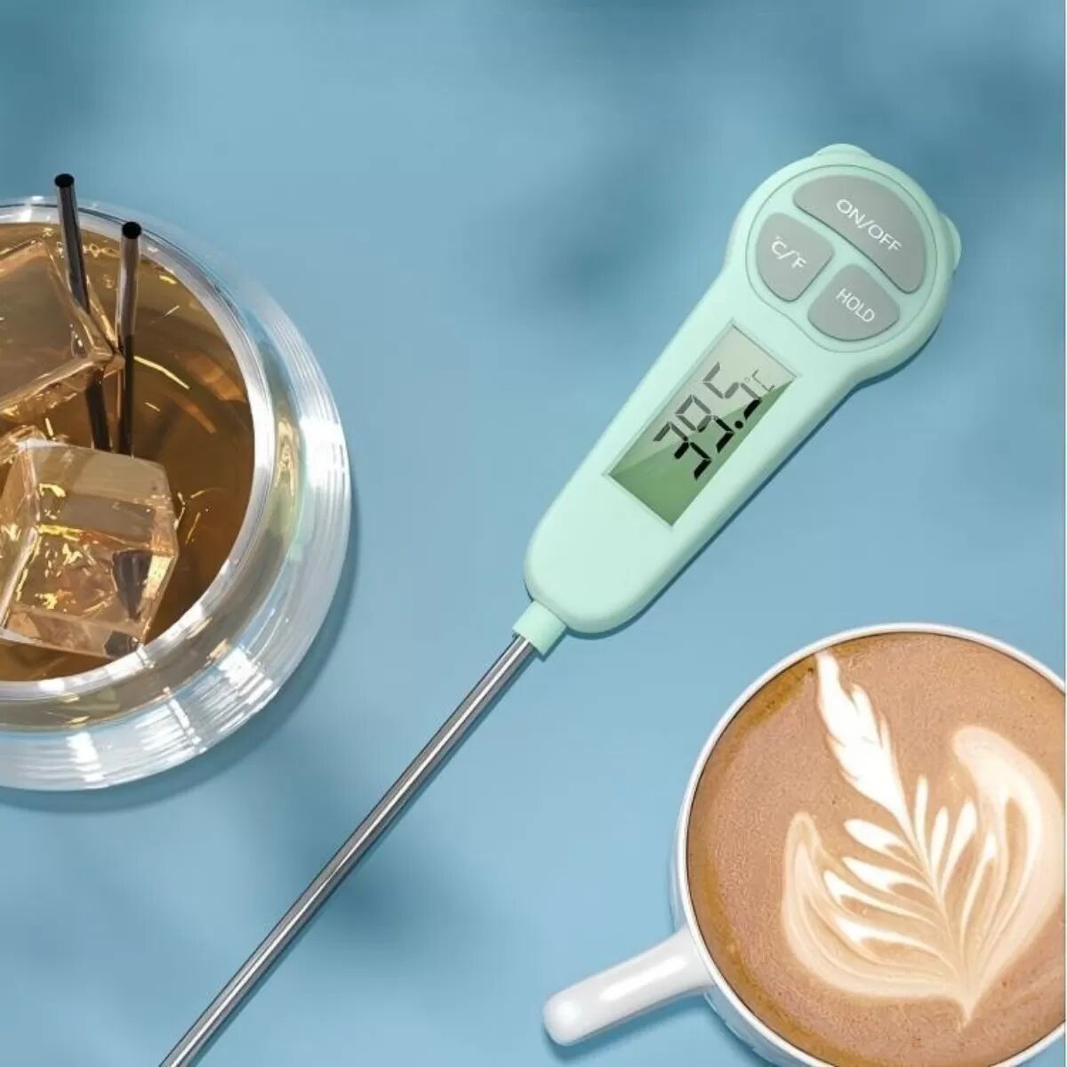 INF Schnellablesbares digitales Thermometer mit LCD-Display und 304 Edelstahlsonde, -50℃～300℃, LR44 Batterie x1 Grün