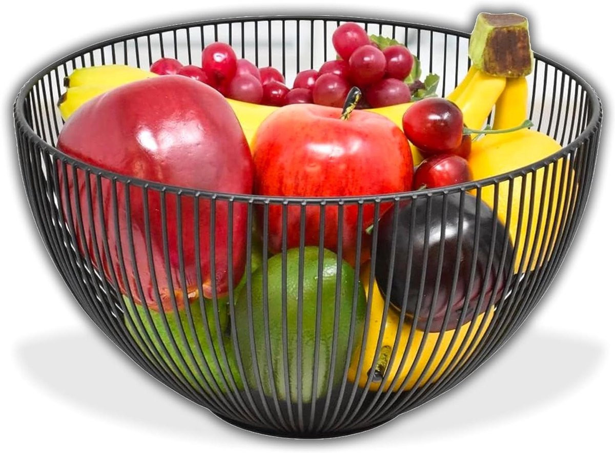 Zwarte metalen fruitmand met open ontwerp voor keuken decoratie